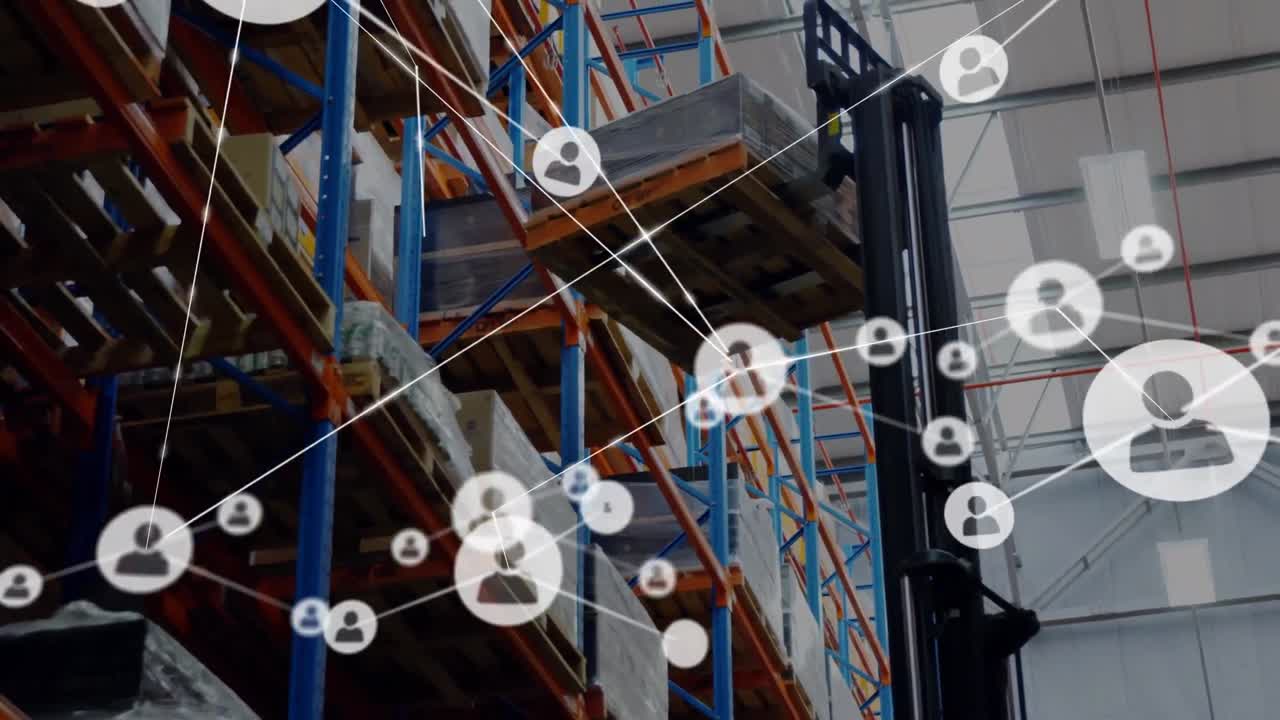 Animation of network of profile icons against forklift operating at warehouse
