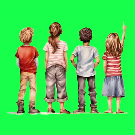 diverse children standing together animation, transparent 4k video, green screen