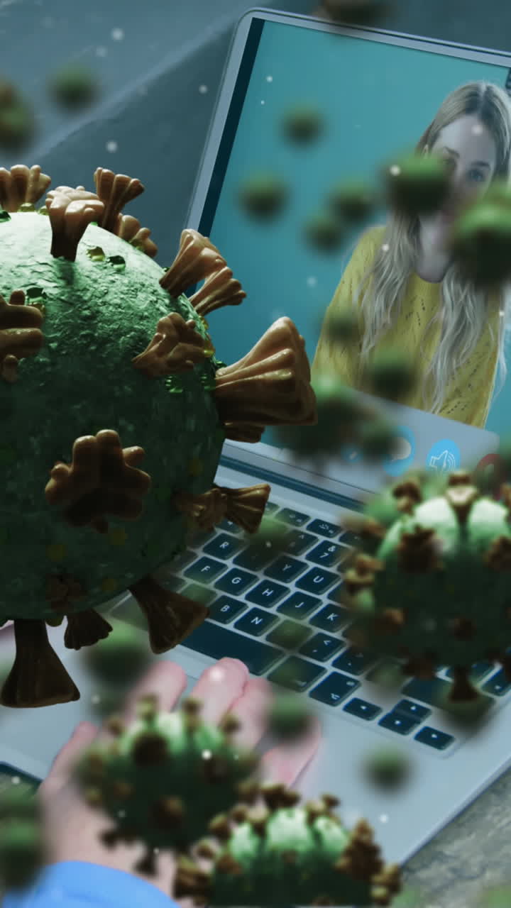 animación de las células de covid 19 sobre una mujer de negocios en una videollamada portátil