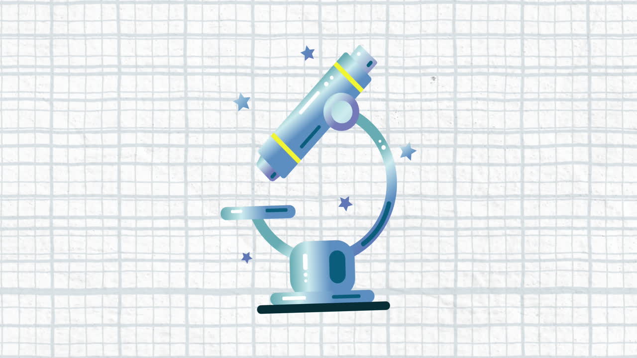 Animation of microscope icon against squared lined paper background with copy space