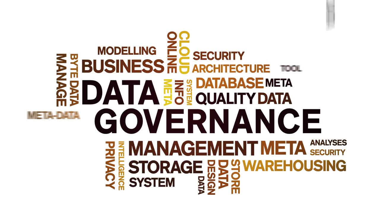 4k Data Governance Animated Tag Word Cloud,Text Design Animation seamless loop.