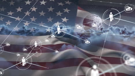 animation of network of business and data icons over flag of america and cloudy sky
