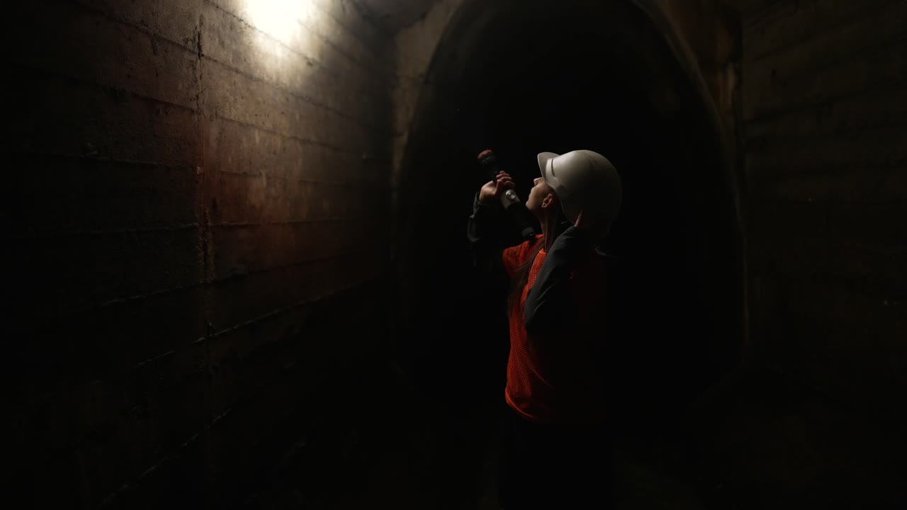 chica explorando un túnel oscuro con una antorcha