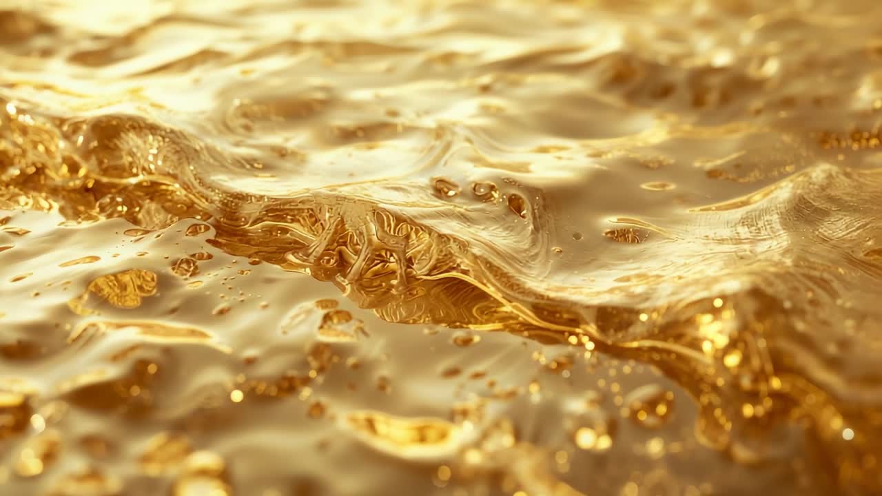 Gentle wavelets rippling in abstract gold surface as camera sliding, revealing microbubble clusters