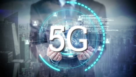 5g mostrado en un círculo con un hombre de negocios en el fondo