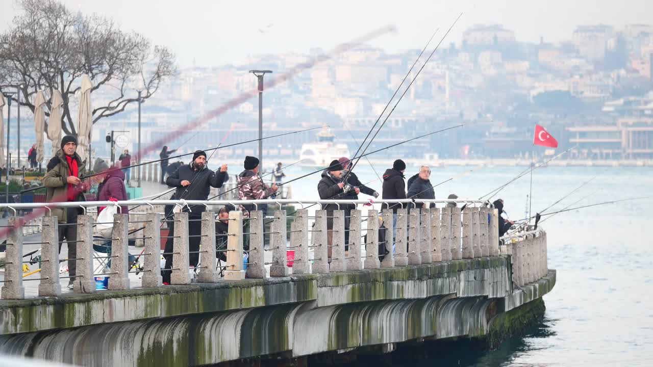 People Fishing on a Pier in Istanbul