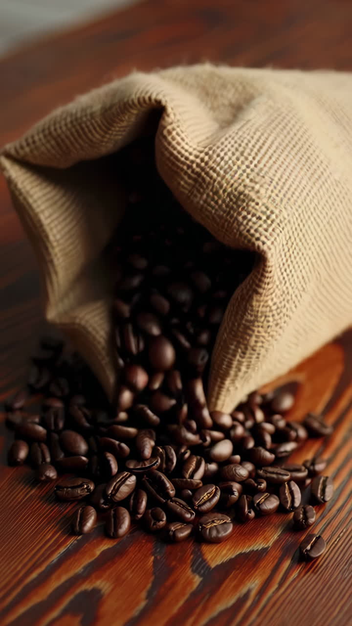 Grãos de Café Derramando de um Saco de Estopa em uma Mesa de Madeira