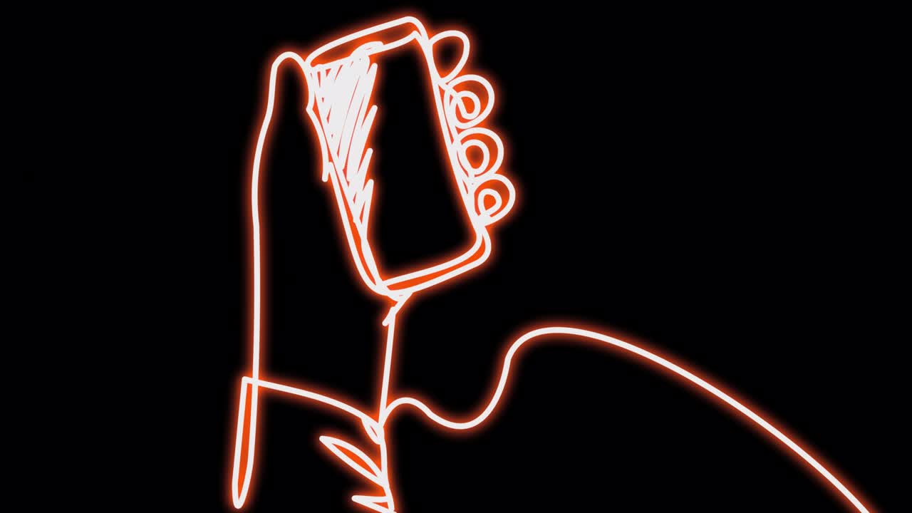 animación de una mano de neón con un teléfono inteligente