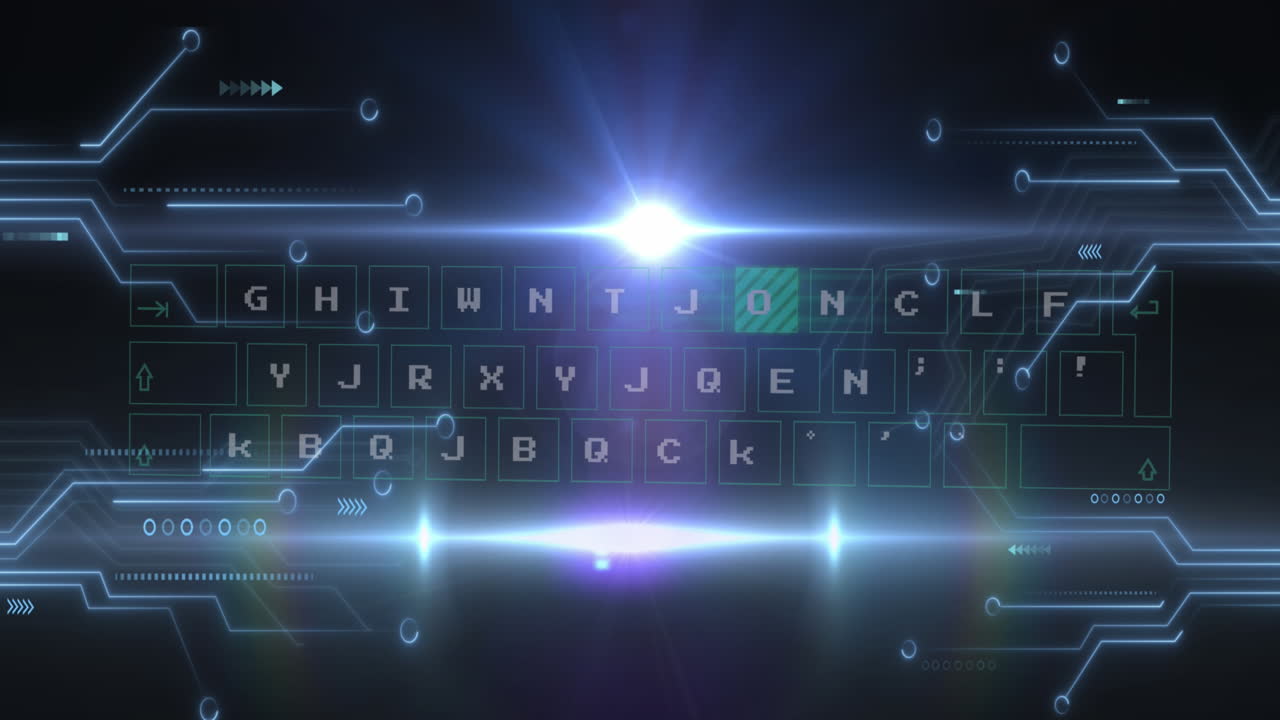 렌즈 플레어의 애니메이션, 키보드와 회로판 텍스처를 가로질러 움직이는 추상적인 패턴