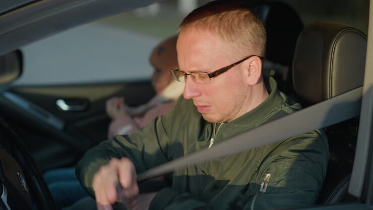 Close-up of a man in a green jacket sitting in the driver s seat of a car as he fastens his seat belt. In the background, a young girl wearing a pink knit hat and white scarf is also seated in the car