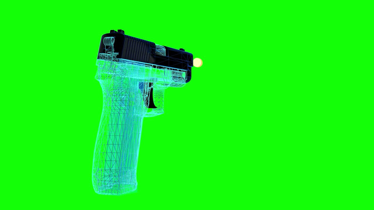 Greenscreen-Illustration und Loop-Video einer 45-mm-Pistole mit 45-mm-Patrone