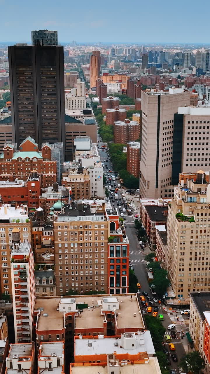 New York city district with residential house. Beautiful green park scattered nearby the gorgeous buildings. Top view. Vertical video