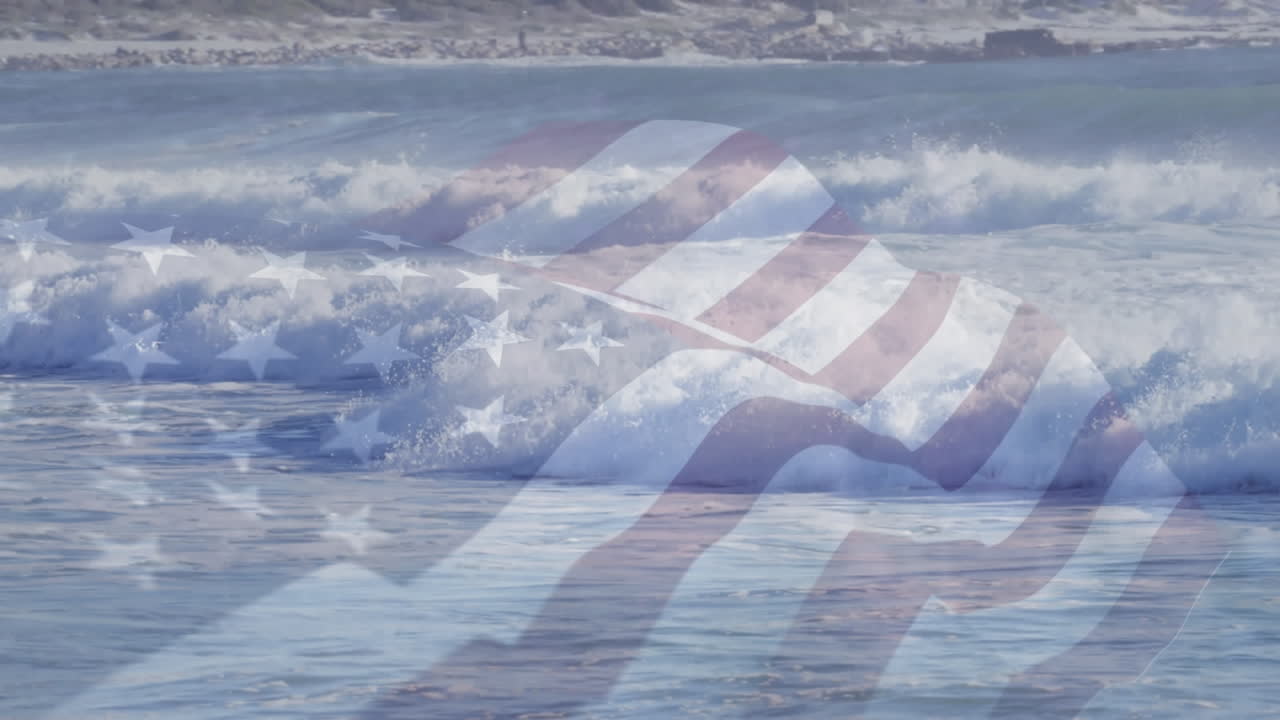 미국 국기가 바다 풍경 위에서 날아다니는 애니메이션