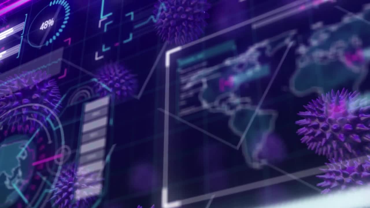 animación de células de virus sobre el procesamiento de datos en fondo negro.