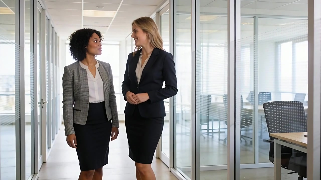 Walking two colleagues approaching camera, pausing and presenting in glass offices in blazers