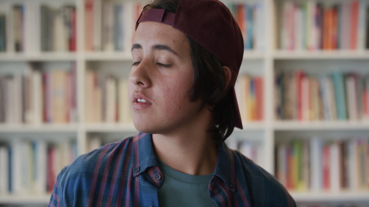 retrato pensativo joven estudiante universitario hombre gira la cabeza buscando confiado adolescente masculino en la biblioteca estudio de cámara lenta