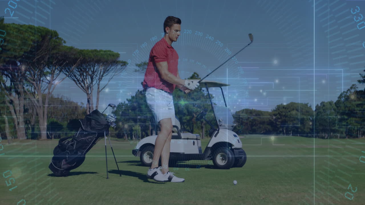Male golfer swinging club on fairway, showing animated trajectory line and sports data chart