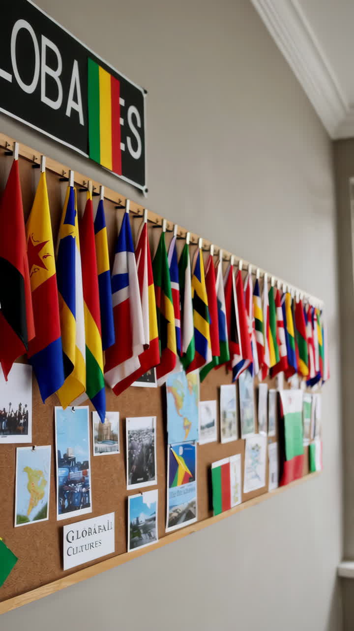 International Flags and Pictures Displayed on a Corkboard