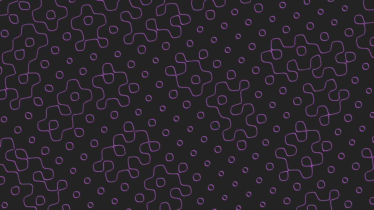 Animazione di un motivo a linee viola neon senza soluzione di continuità, caratterizzata da croci arrotondate astratte e punti su uno sfondo scuro, ideale come elegante sfondo tecnologico per presentazioni, promo e social media