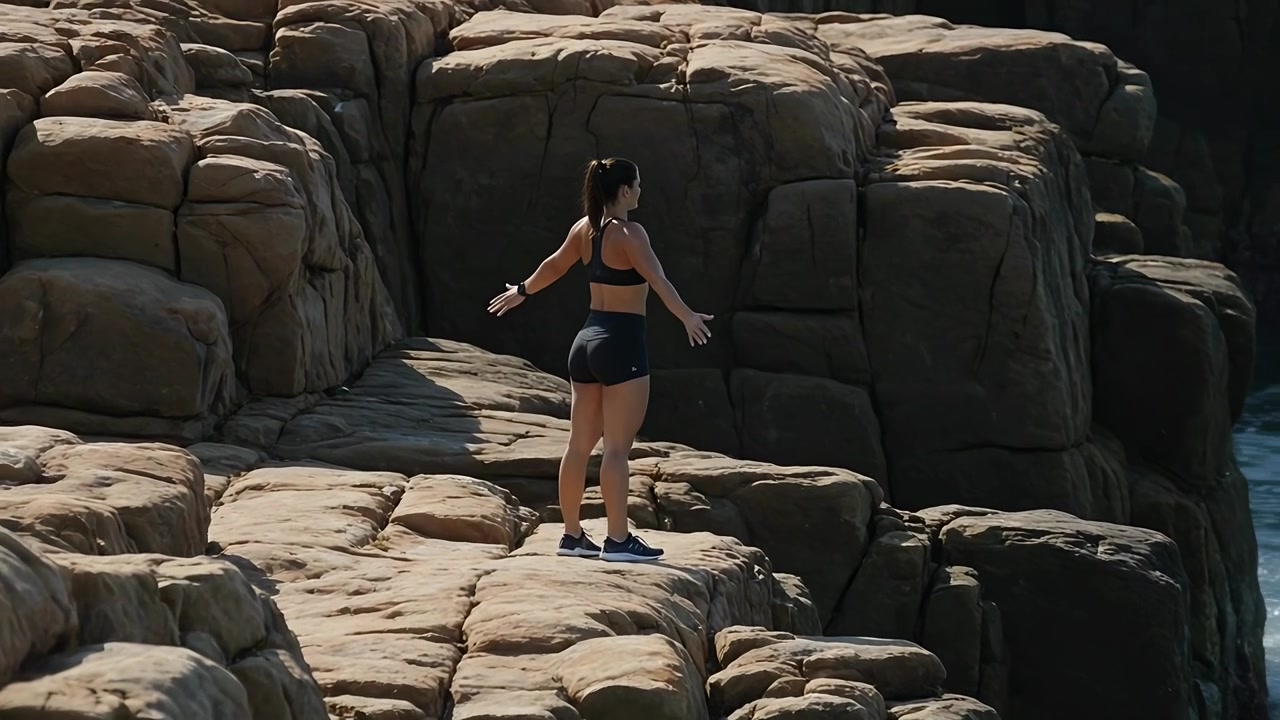 Erreicht Klippenrand, fitte Frau in Sportkleidung hebt die Arme und stabilisiert sich, um den Meerblick zu genießen.
