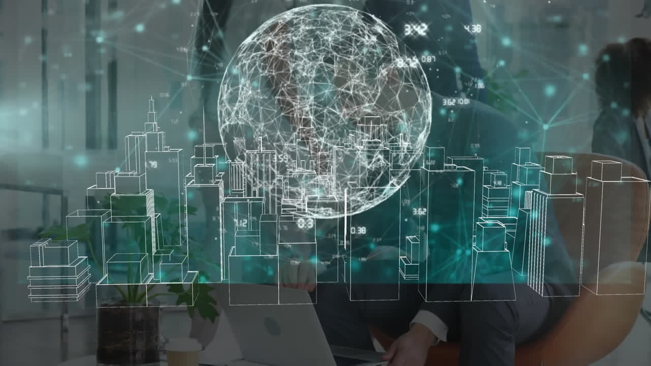 animación de procesamiento de datos y hombre de negocios sobre dibujo de paisaje urbano en 3d