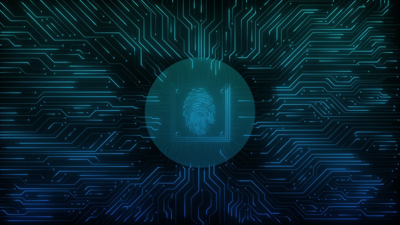 Futuristic thumbprint glowing circuit board biometric authentication digital security encryption