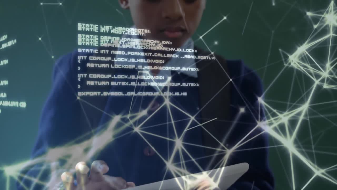 Animation of boy using a digital tablet over data processing in the background