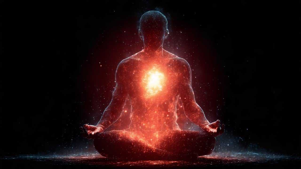 Una Visualizzazione Eterea dell'Energia Cosmica che Scorre Attraverso una Figura Umana Meditativa, Evidenziando la Connessione tra Mindfulness e l'Universo.