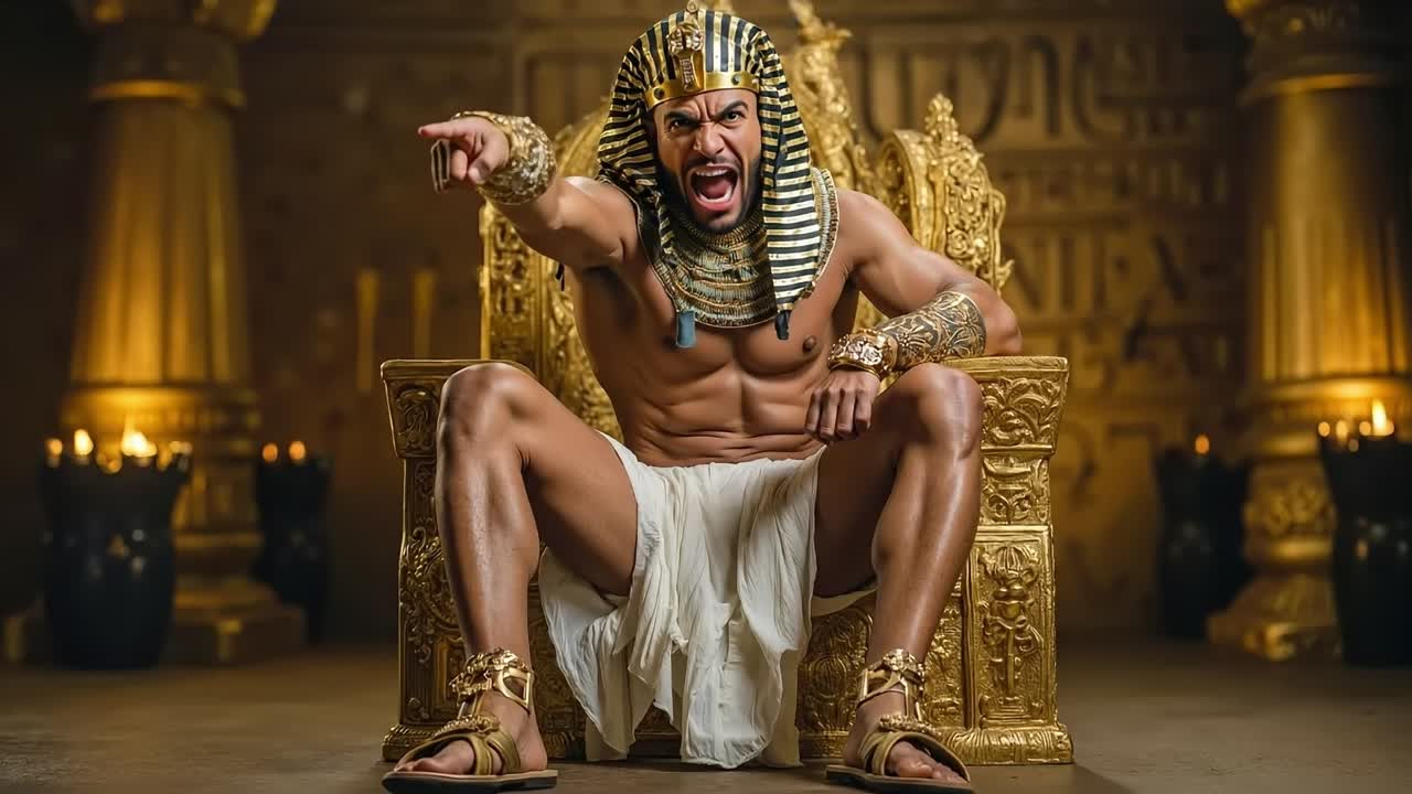 A man sitting on a throne in an ancient egyptian setting