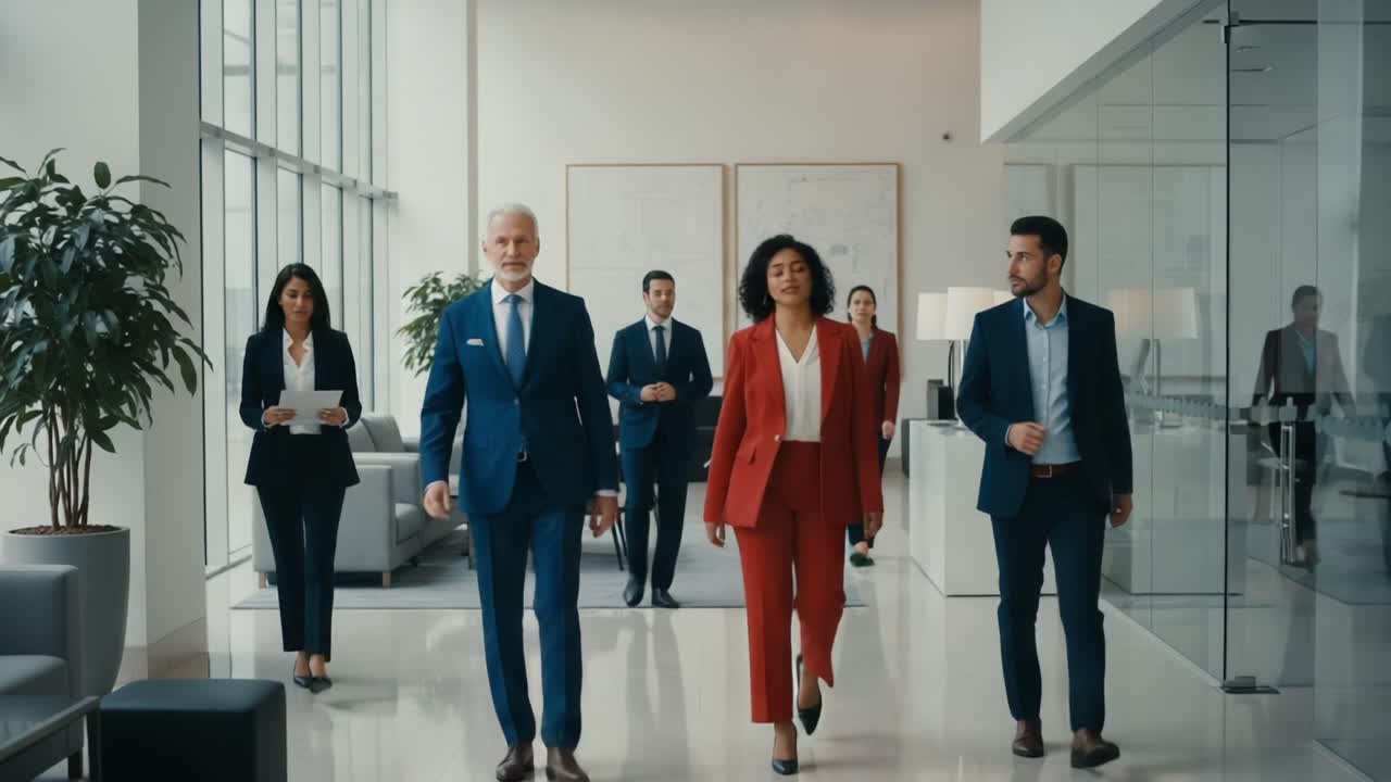 A Diverse Group of Professionals Confidently Navigate a Modern Office Space, Showcasing Teamwork and Leadership in a Dynamic Corporate Environment