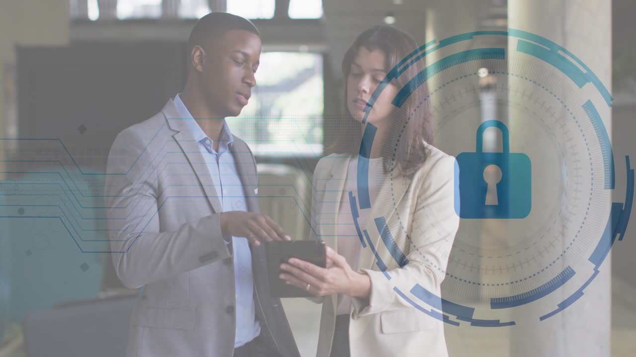 Man pointing tablet, woman consulting in business lobby causing lock icon, data rings for security