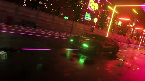 car and city in neon style. 80s retro wave background 3d animation. retro futuristic car drive through neon city. 3d render of seamless loop