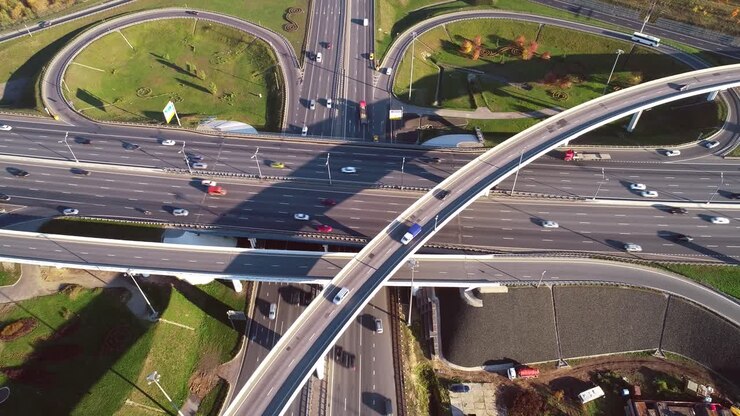 Aerial view of a freeway intersection traffic trails in Moscow.