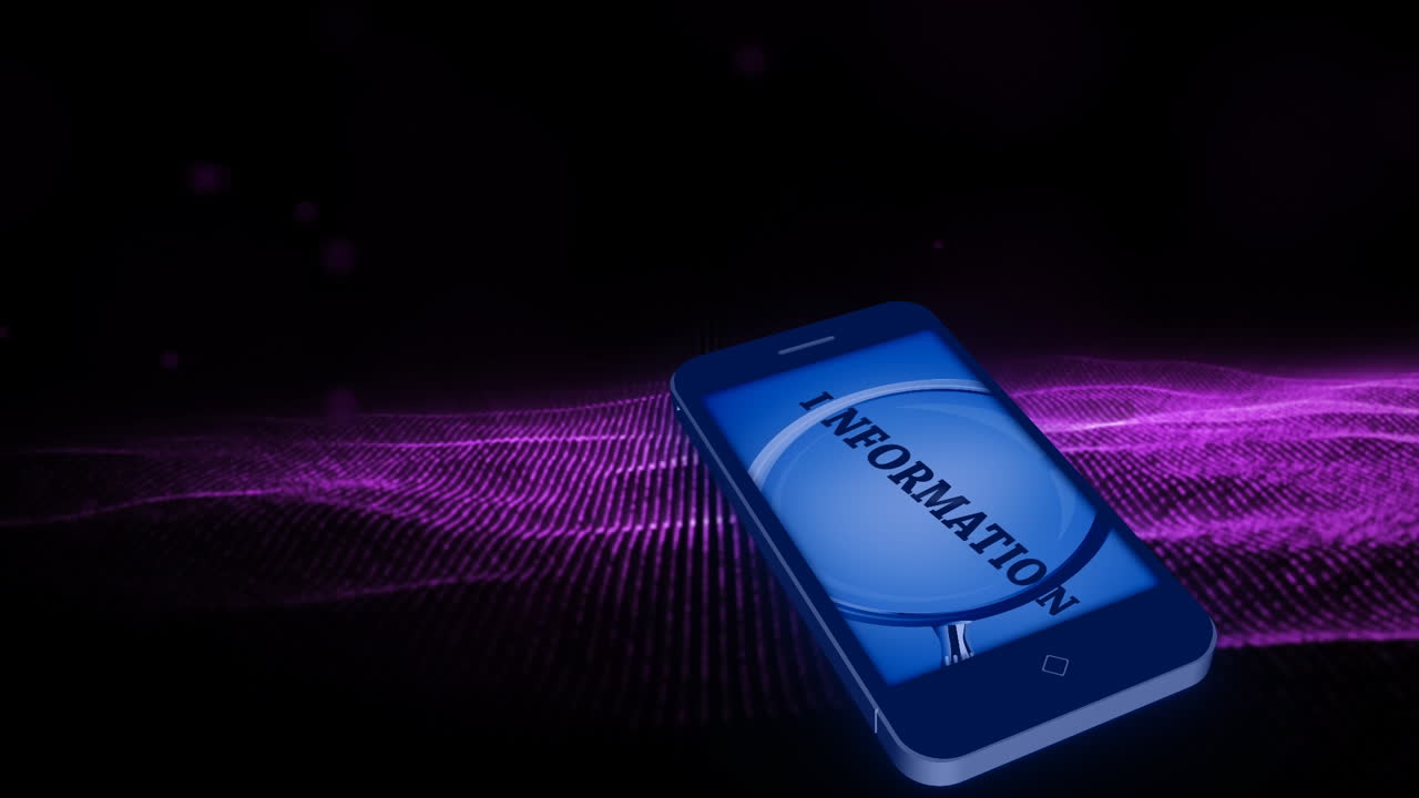 Composition of smartphone with information on screen over black background with glitter