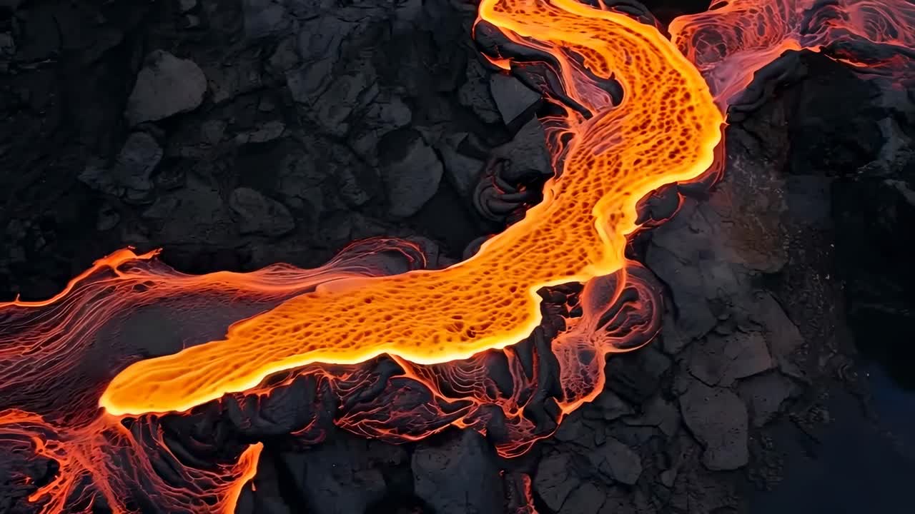 Aerial video captures vibrant, flowing lava over dark rocks, showcasing nature's raw power