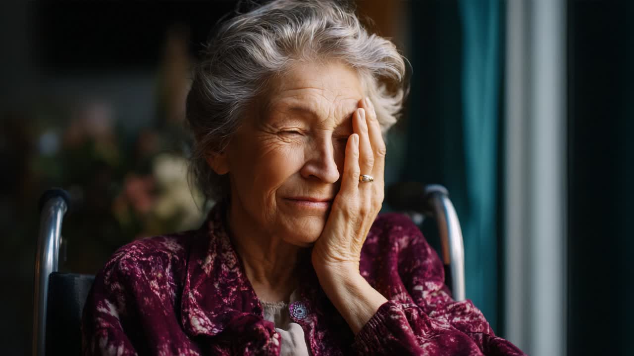 A poignant moment of reflection captured in two frames, showing an elderly woman in a wheelchair displaying a range of emotions from peace to contemplation, highlighting the beauty of aging and inner thoughts