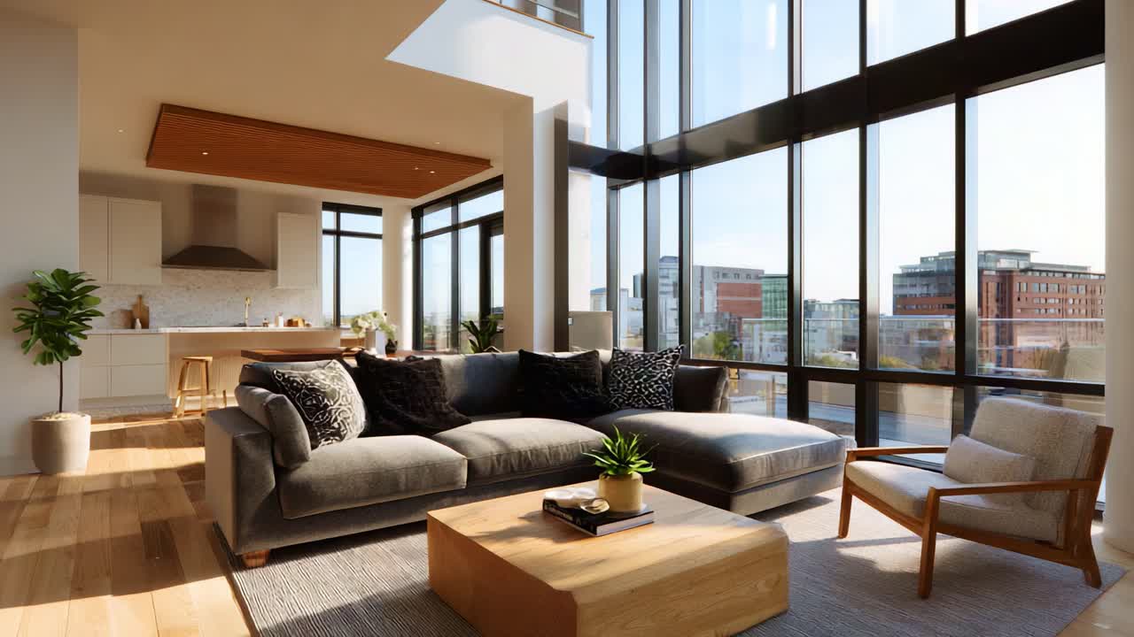 Soggiorno moderno, luminoso ed elegante con abbondante luce naturale ed elementi di design contemporaneo che creano un'atmosfera accogliente, perfetta per il relax