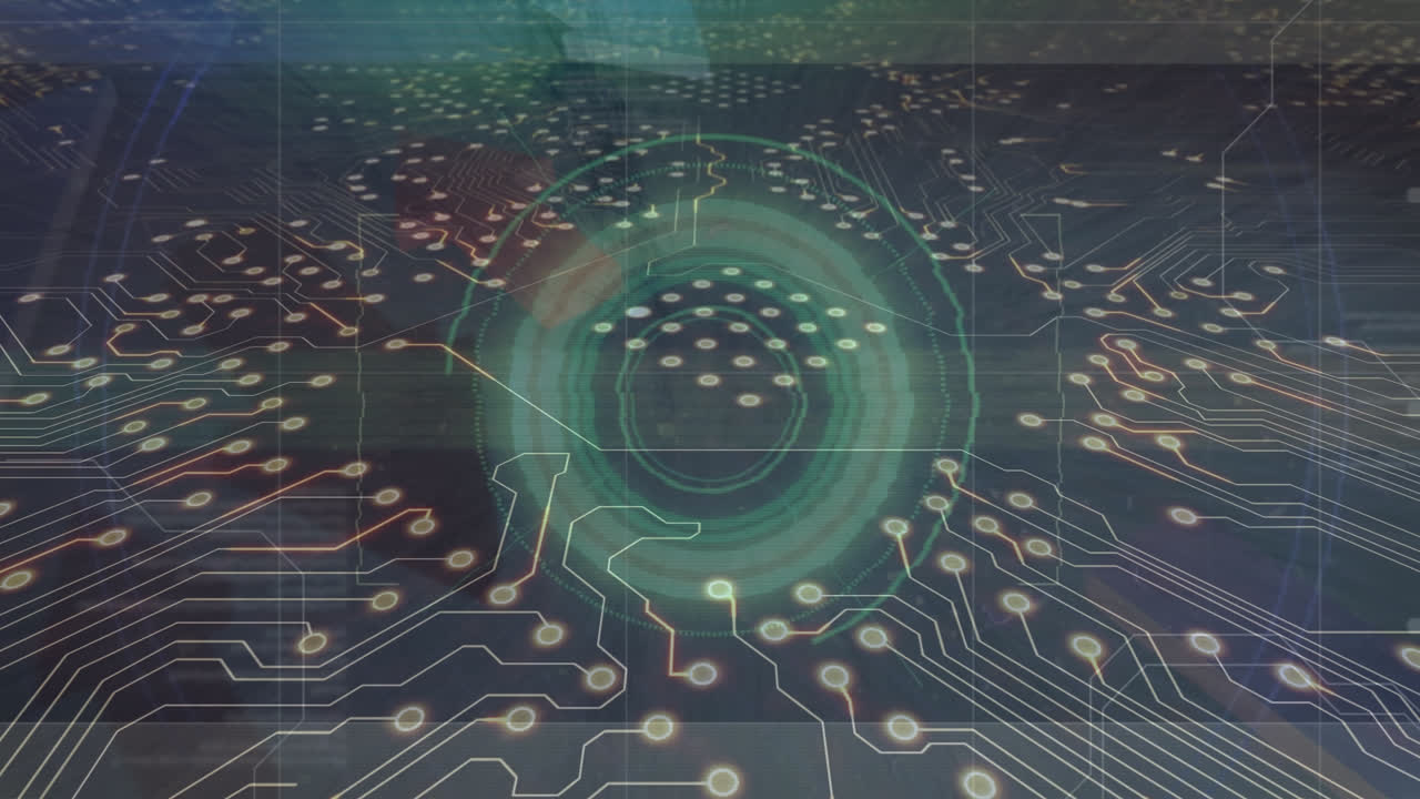 Animation of computer circuit board over data processing and arrows