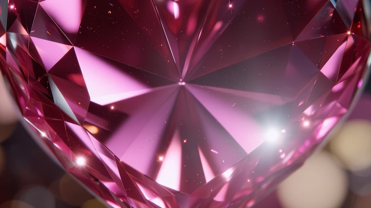 Heart-shaped gem gleams with vivid ruby hue. Light reflects off facets, creating sparkling brilliance. Background blurs into warm, soft bokeh of pink and gold. Perfect for romance, luxury
