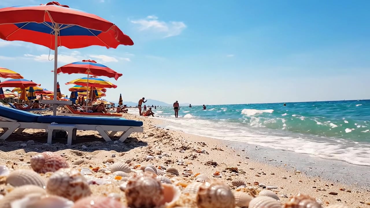 Een Schilderachtige Dag op het Strand: Levendige Parasols, Zacht Zand en een Kustsymfonie van Schelpen en Golven Onder de Helderblauwe Lucht