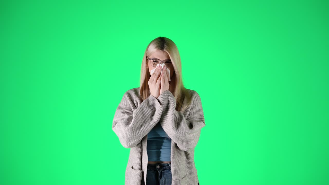 Concetto: avere l'influenza, donna che starnutisce in un fazzoletto, sfondo verde.