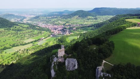 flight-towards-castle-ruins,-opening-view