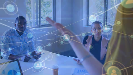 animation of network of connections over diverse businesspeople working in office