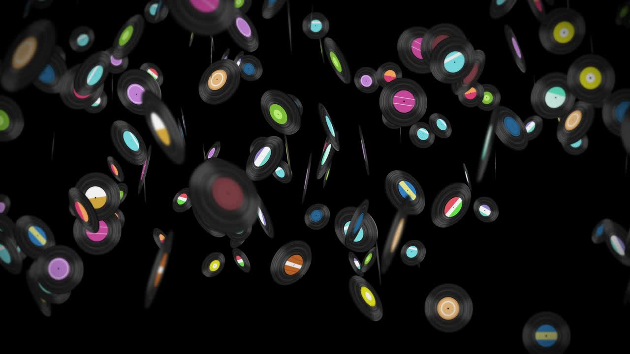 Mange flyvende vinylplader på sort baggrund. Gammel teknologi. Retrodesign. 3D-animation af en roterende musikplade. Loop-animation