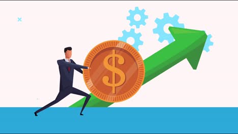 elegant successful businessman pushing coin with gears and arrow