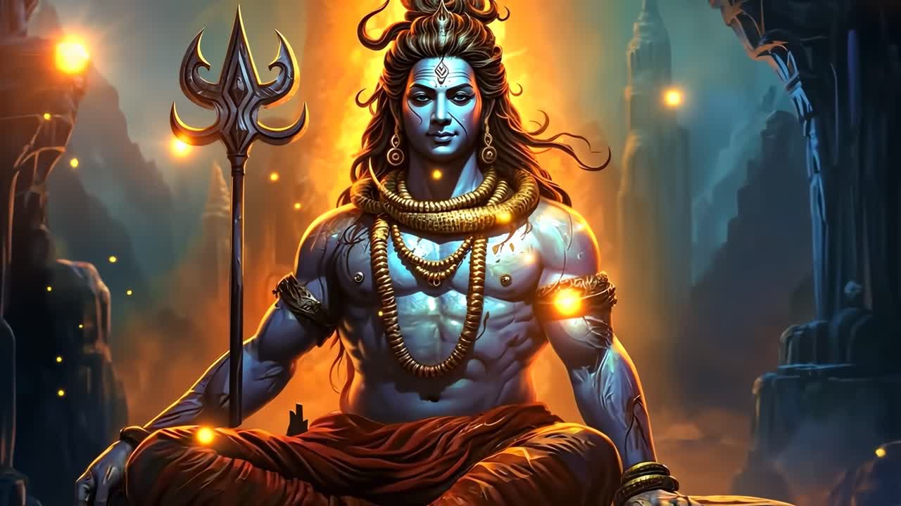 Arte digital de uma divindade em meditação, rodeada por uma aura mística