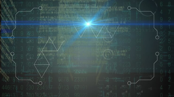 Animation of binary coding, data processing over glowing computer circuit board