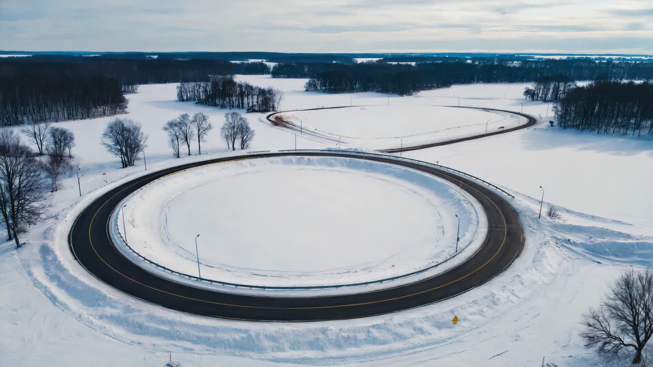 Flyfoto av sirkulær vei i snødekt vinterlandskap