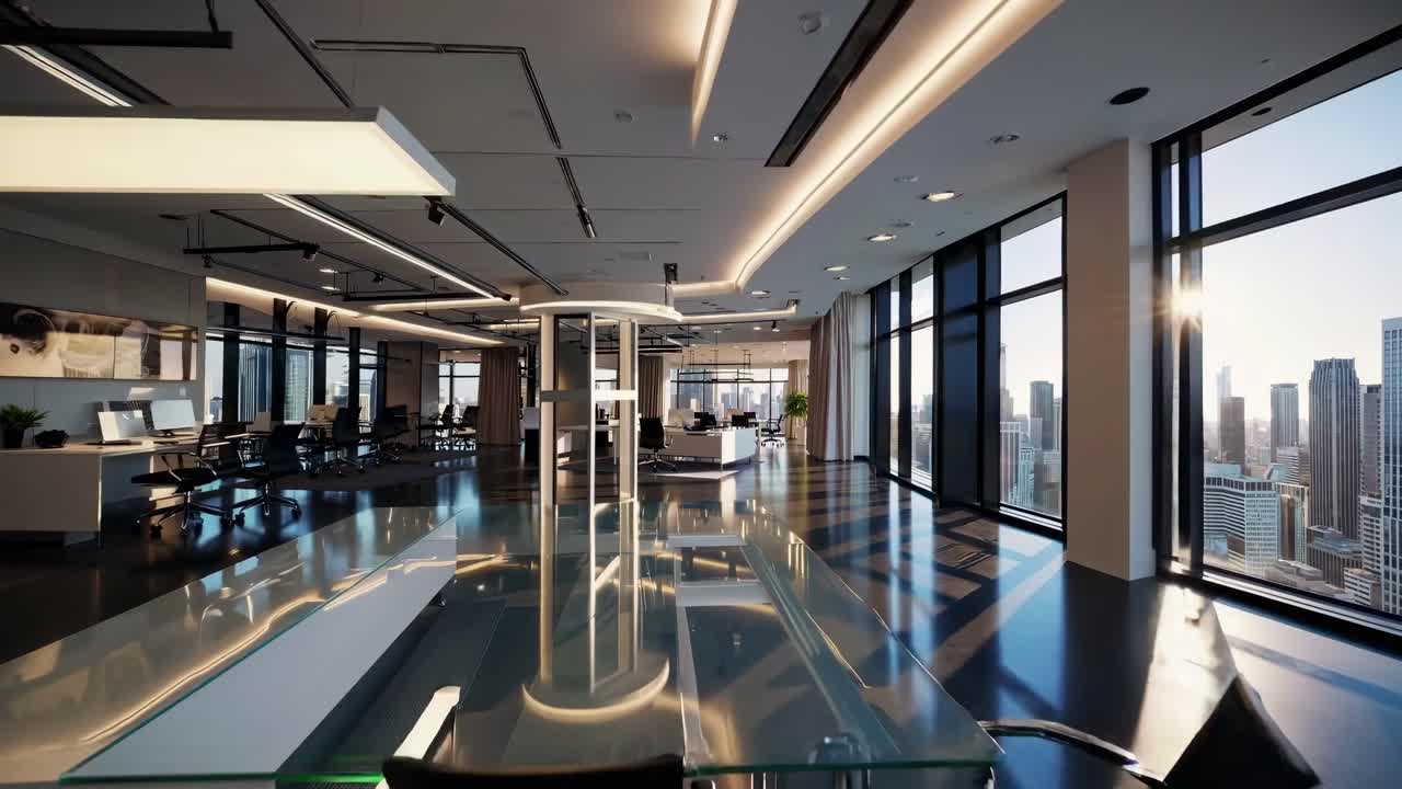 Wide-angle shot of a modern office with floor-to-ceiling windows, sleek furniture, and city views