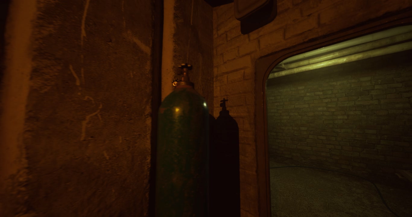 Nighttime urban passage with pipes and textured walls visible